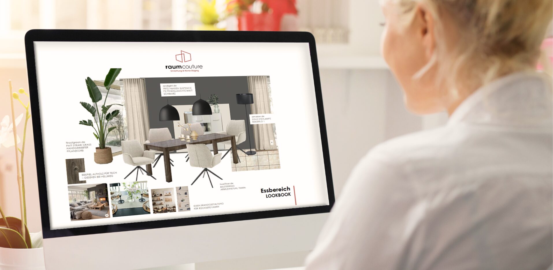 Einrichtungsstil finden mit digitalem Moodboard, Frau plant Wohnstil am Bildschirm